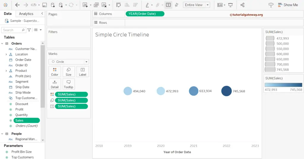 Add Measure to Color shelf to Create a Simple Circle Timeline in Tableau