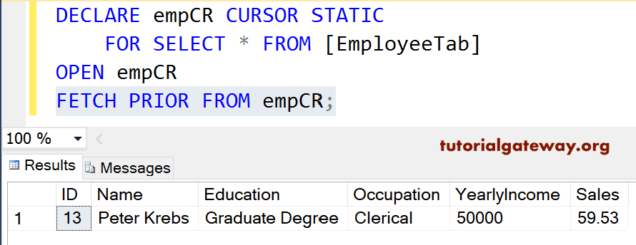 FETCH PRIOR FROM SQL Cursor Example