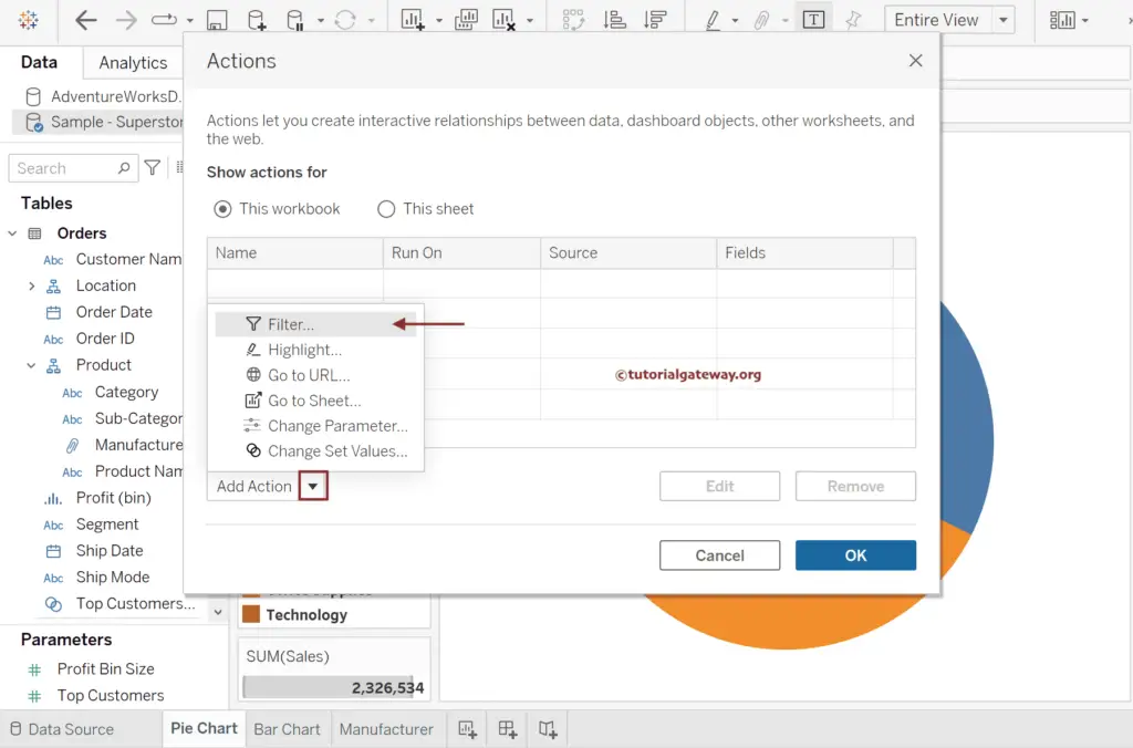 Use add action button to create Tableau Filters
