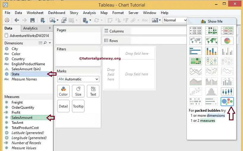 Choose Tableau Bubble Chart from Show Me window 11