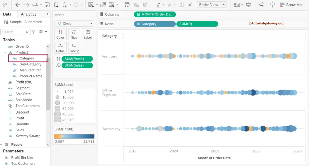 Add Dimension to Rows to create a Categorical Tableau Circle Timeline