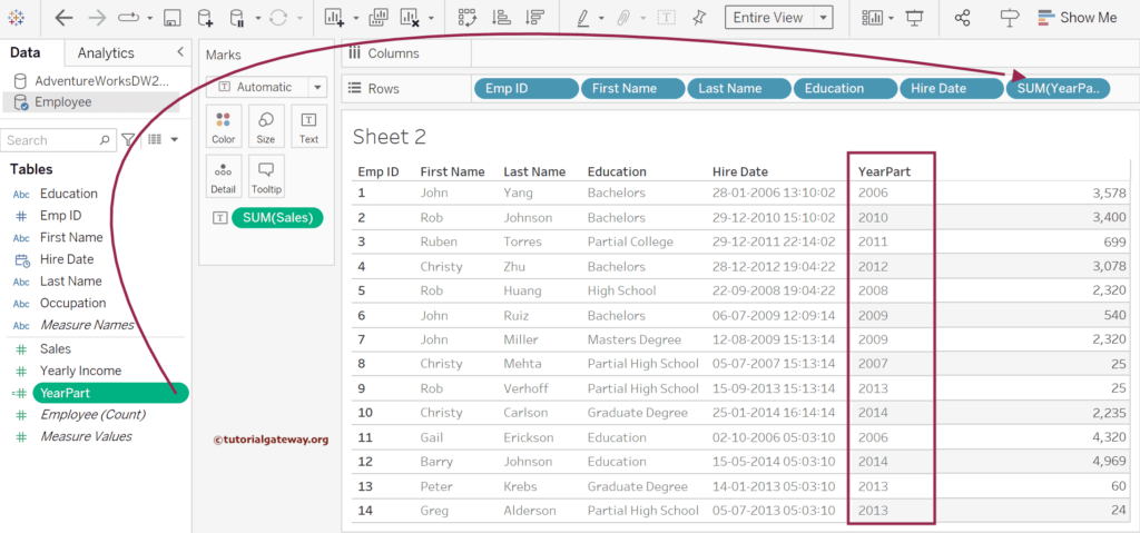 Tableau DATEPART Function extracting and returning Year