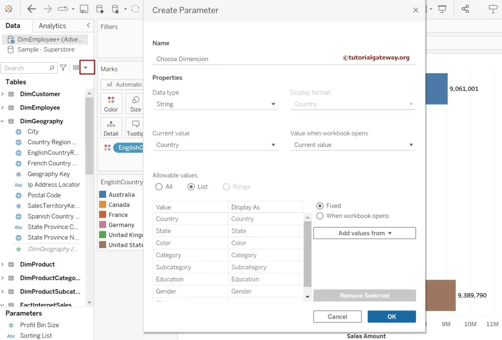 Create a Parameter with Tableau Dimensions to Filter report
