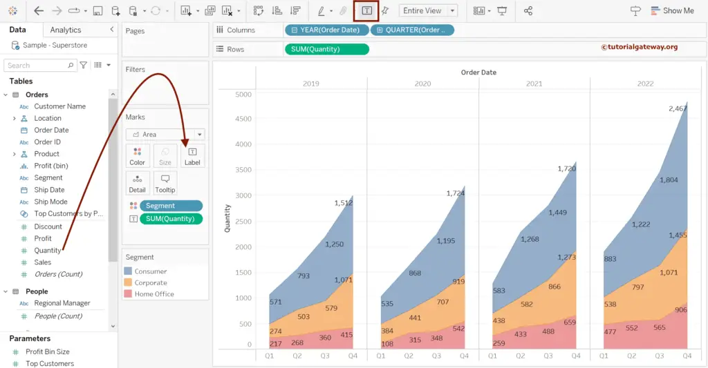 Add Data labels to Tableau Discrete Area Chart