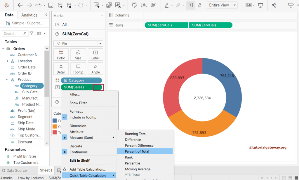 Add Quick table calculation of Percentage of total to Tableau Donut Chart