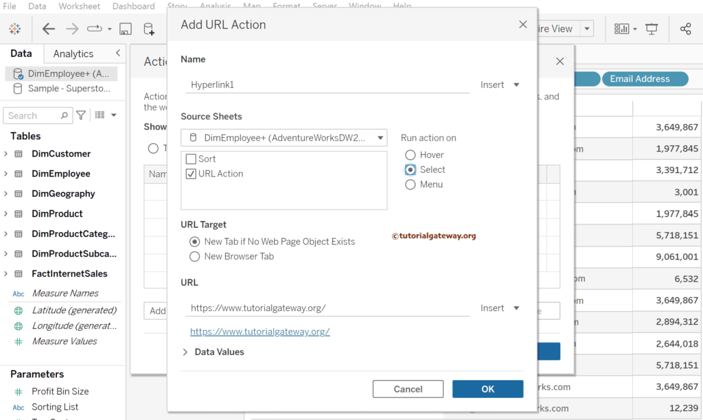 Tableau Go to URL Action Filter to goto webpage link