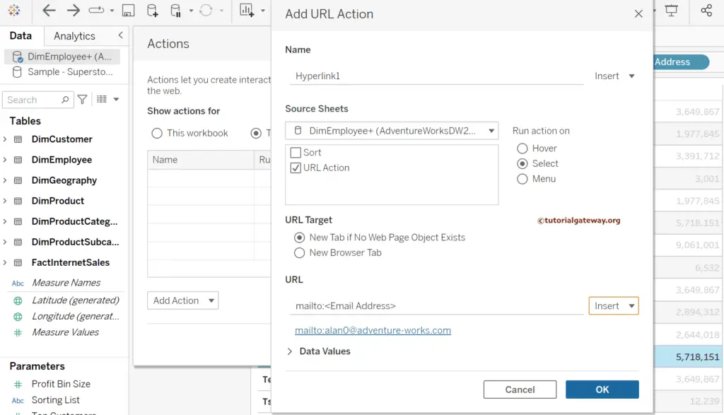 Please check the Tableau Go To URL Action Filter Source sheet, Target, and Run action