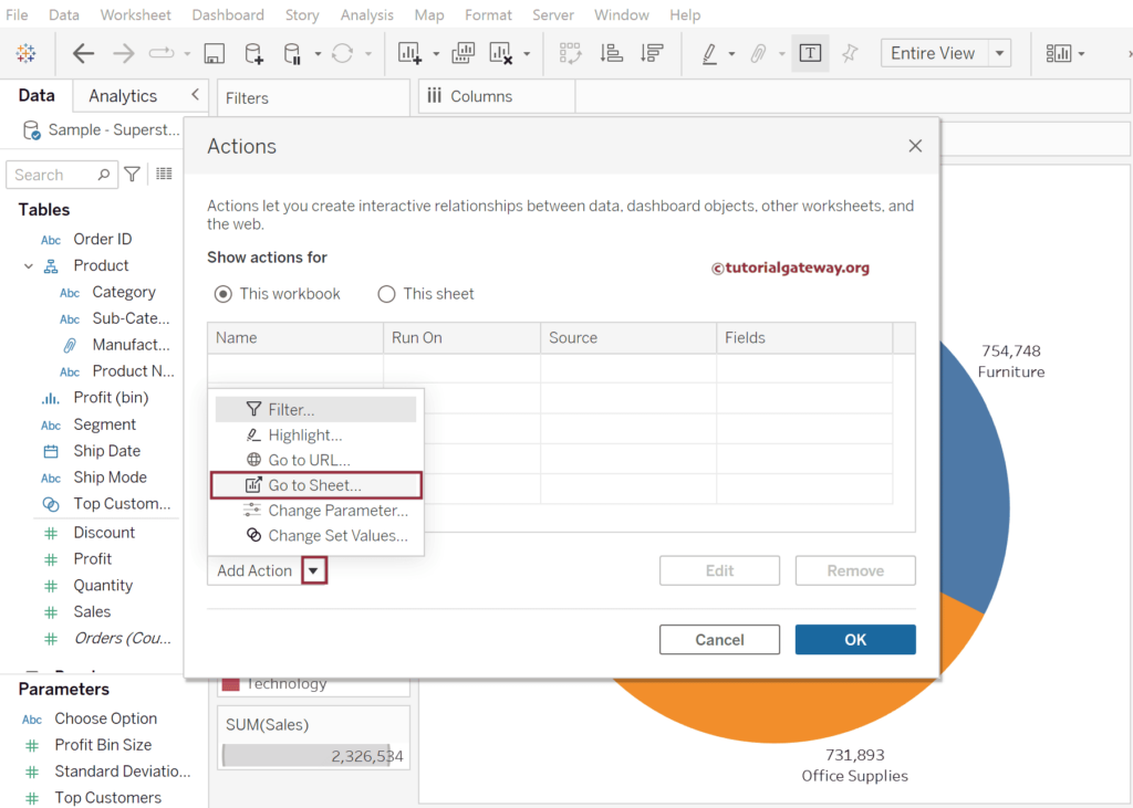 Choose the Tableau Go to Sheet Actions Filter