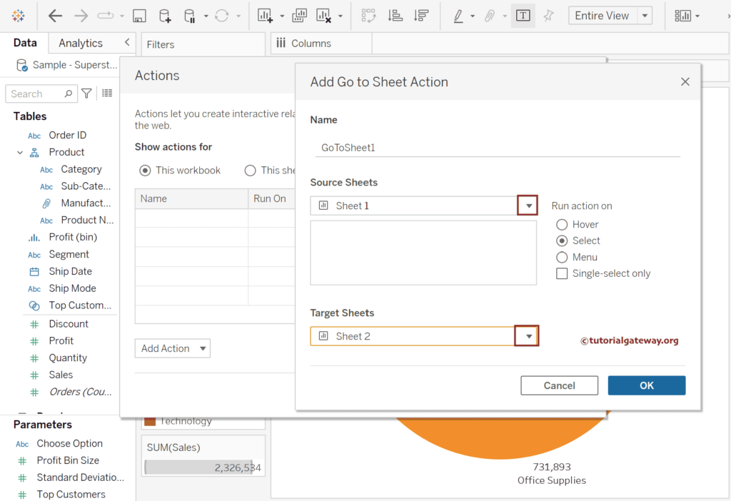 Configure Source and Target sheets of Tableau Go to Sheet Actions Filter