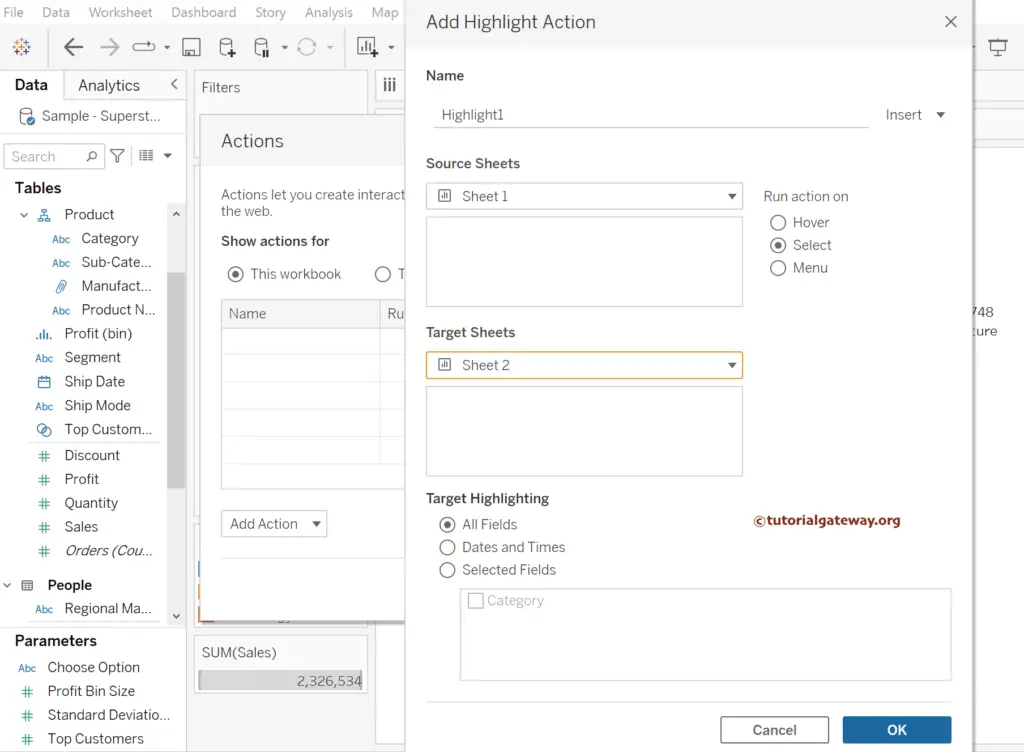 Choose Source and Target Sheets for Tableau Highlight Action Filter