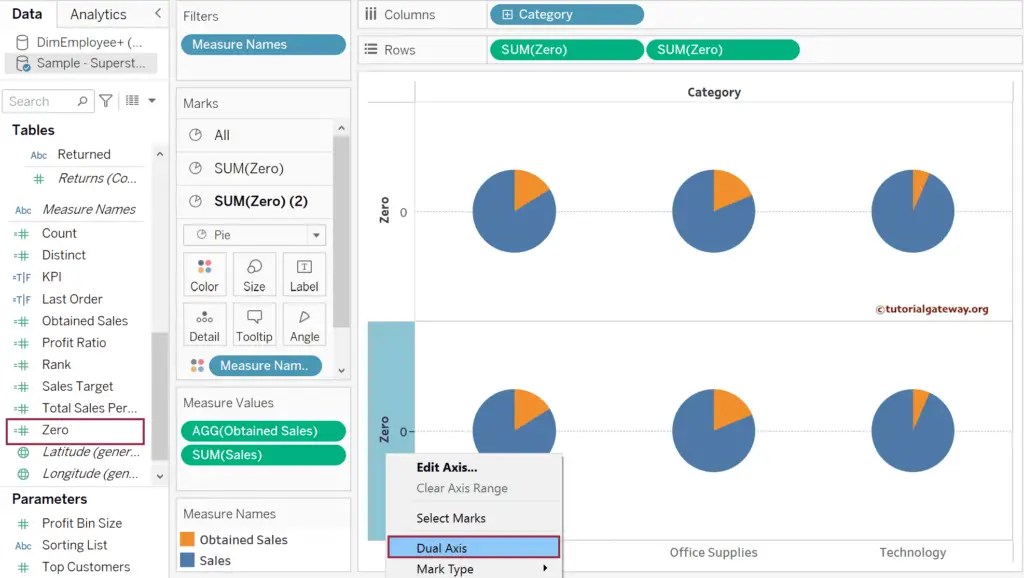 Use Dual Axis option to create Tableau KPI Donut Chart