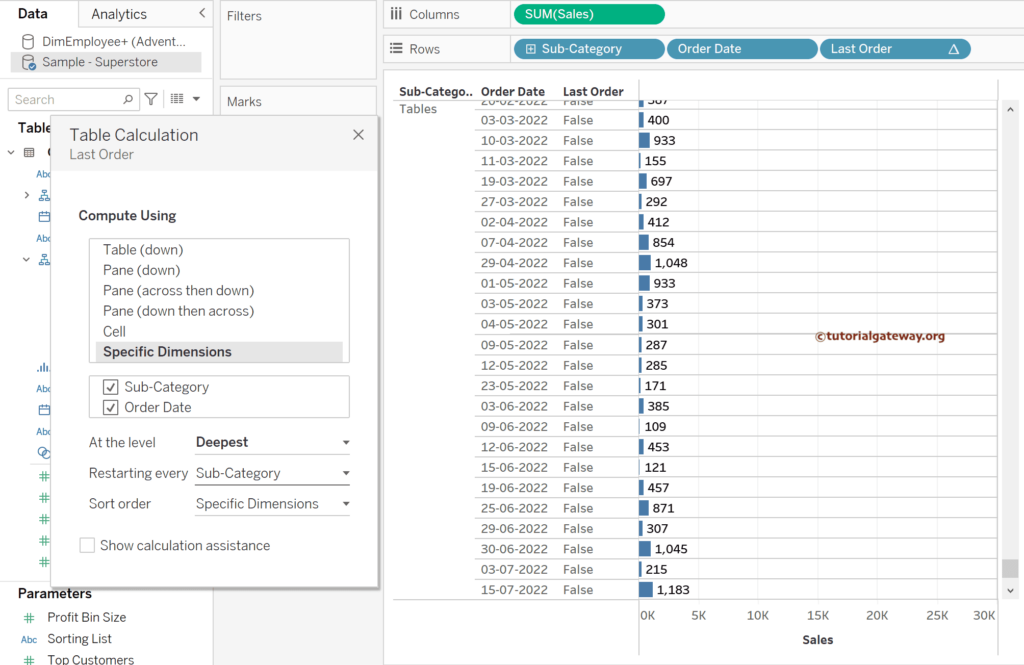 Tableau LAST function to find the Recent Product Subcategory Order Date 7