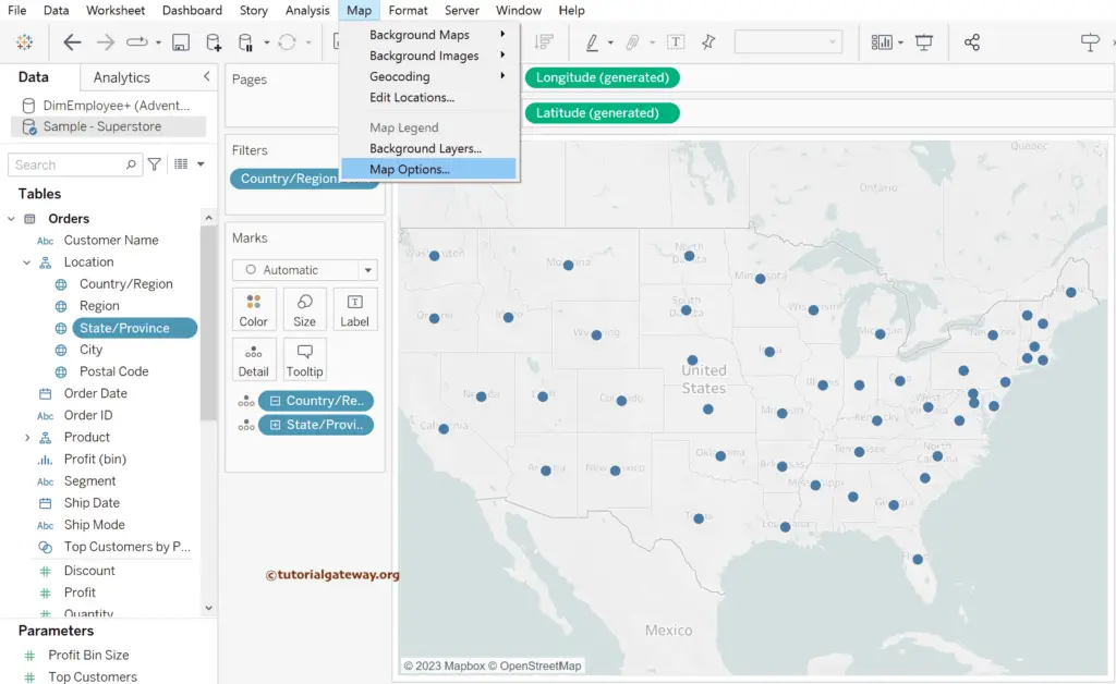 Use Menu to show the Tableau Map Options
