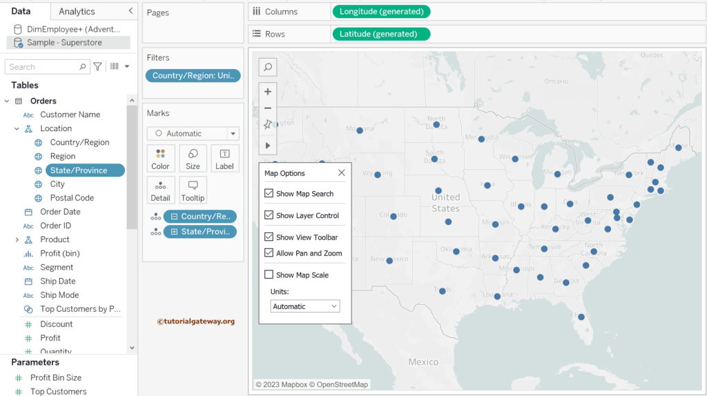 Tableau Map Options to search, zoom in and out, pin it, and Scale