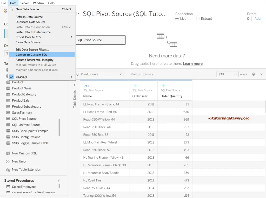 Select custom SQL option