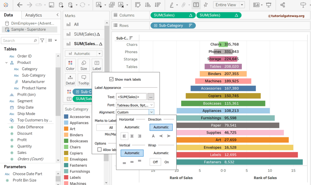 Format the labels of the Tableau Pyramid Chart