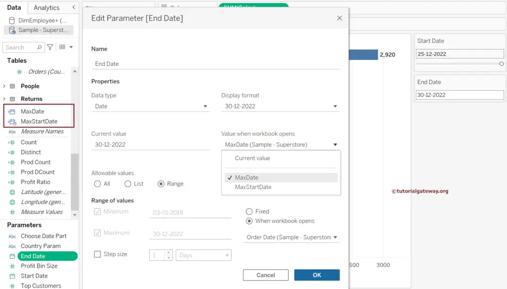 Tableau Start and End Date Filter using Parameter with Maximum Dates
