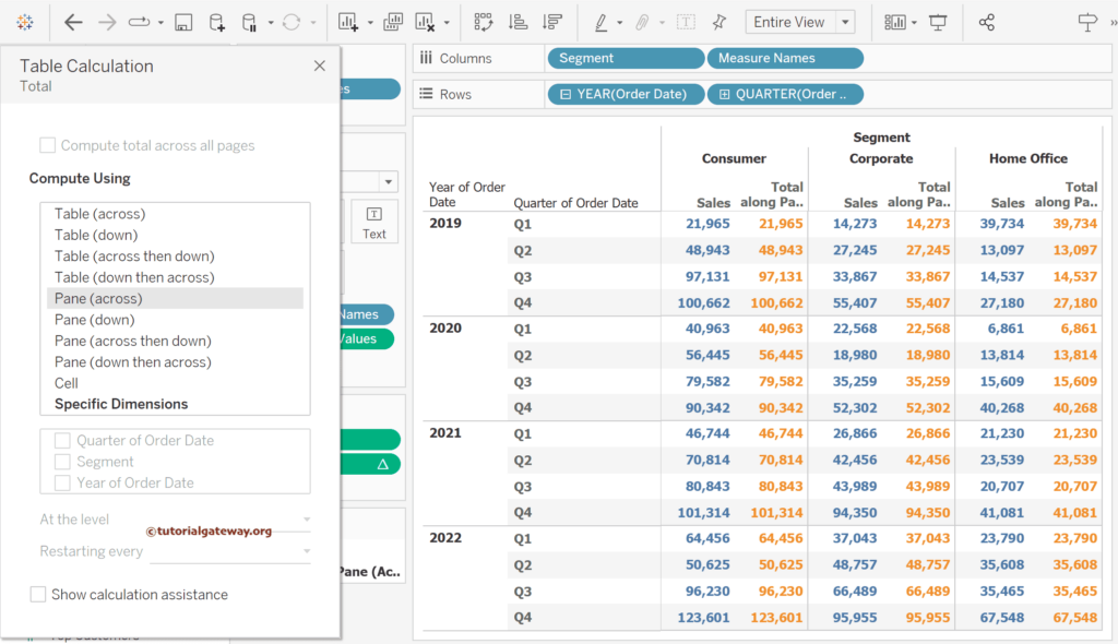 Tableau TOTAL Function Table Calculation Pane down