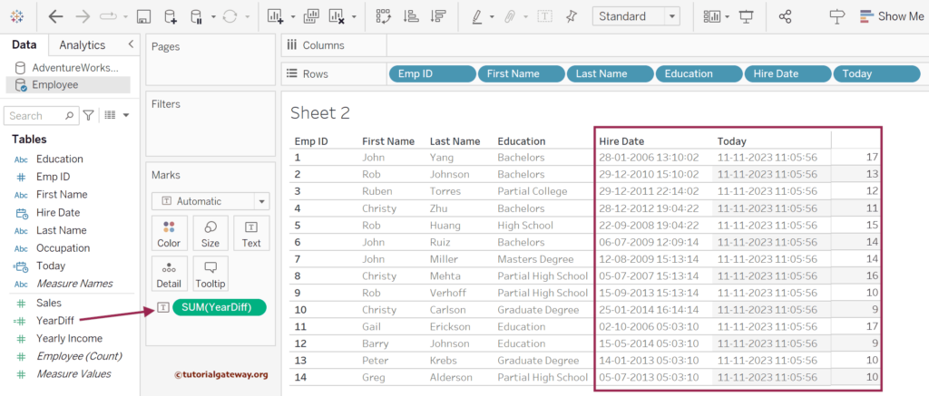 Tableau datediff Function to find the Year Difference