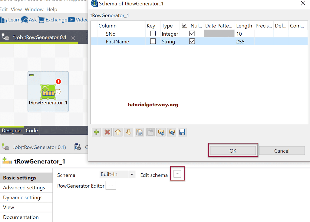 Click the Edit Schema to add Columns