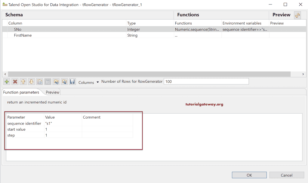 Check the Function parameters for start and step value