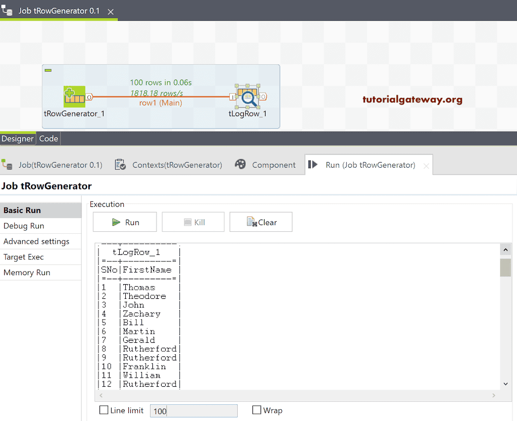 Run the Talend tRowGenerator Job to generate rows