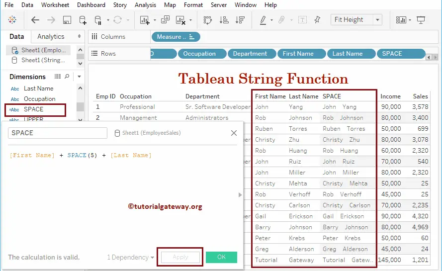 Tableau String space Function 20