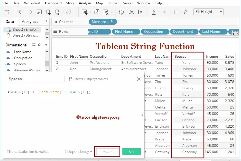 Tableau String space Function 23
